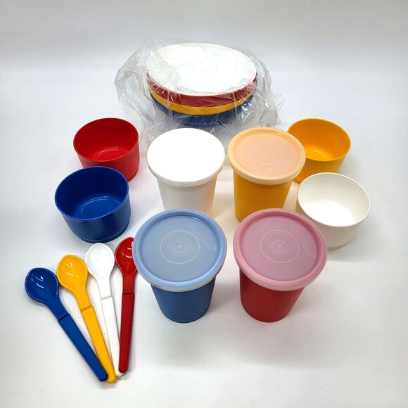 Vintage Childs Tupperware Dishes Cups Cereal Bowls Lids Spoons Snack Cups Lot - Picture 1 of 12